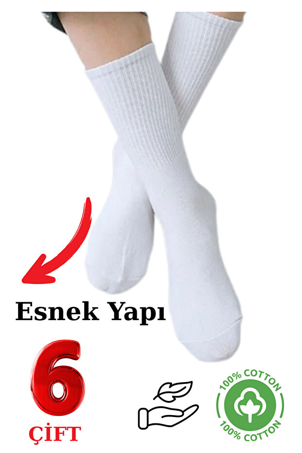 6 Pairs Tennis Socks Ribbed White Unisex - High Quality Tennis Socks Socket Length White