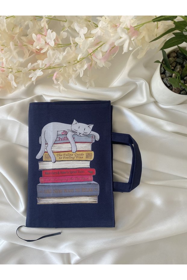 Dark Blue Sleeping Cat Patterned Book Bag 17X24 cm | Water Repellent Fabric, Dtf B Printed Handmade