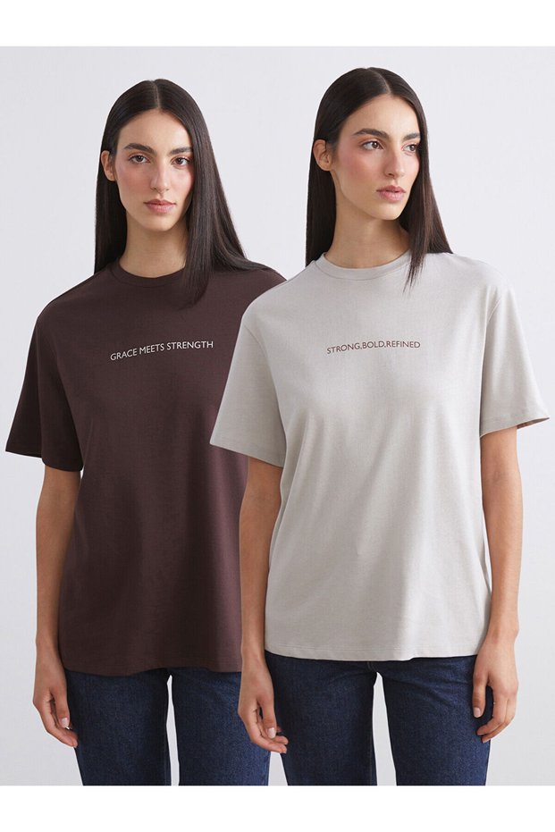 Two Mt Shop Quality Soulife Beige Combed Cotton Printed Oversize Short Sleeve Women's T-Shirt
