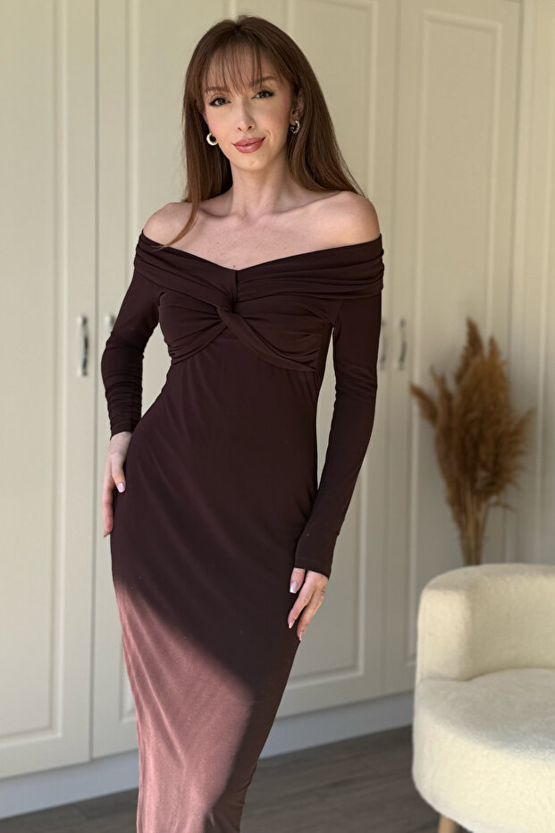 Shoulder Detailed Bodycon Midi Brown Dress
