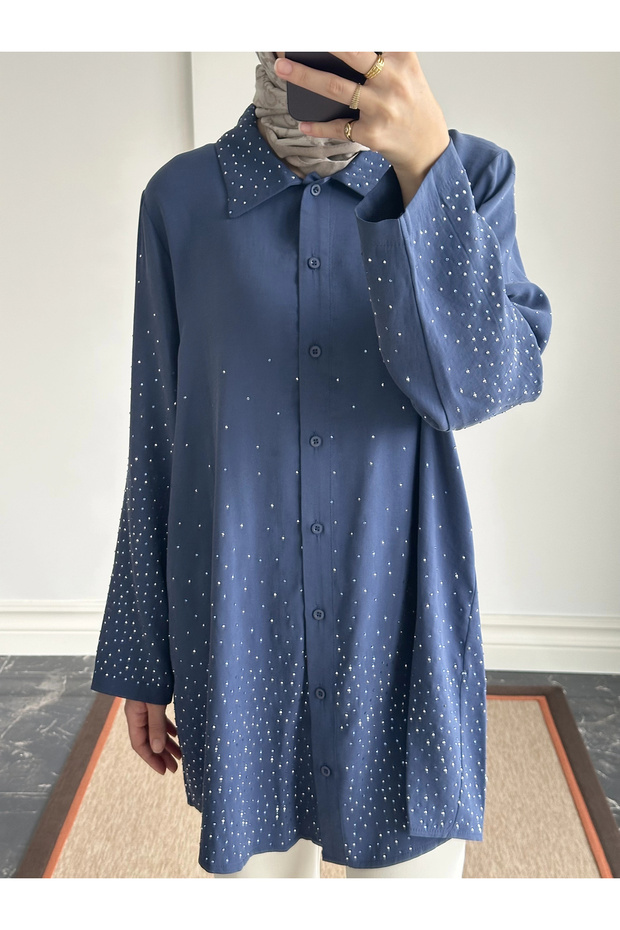 Taş Baskılı Gömlek - İndigo - 6