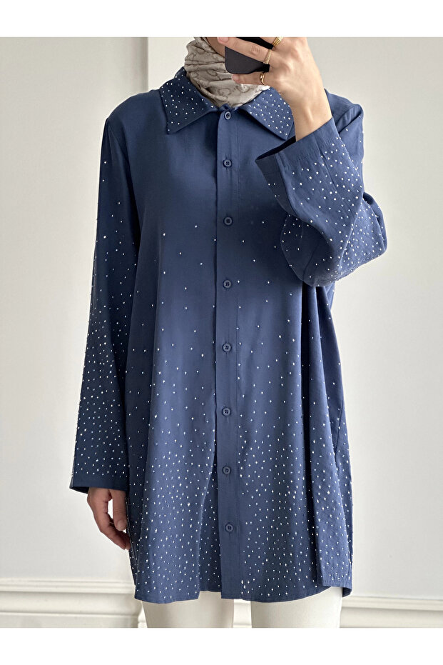 Taş Baskılı Gömlek - İndigo - 2