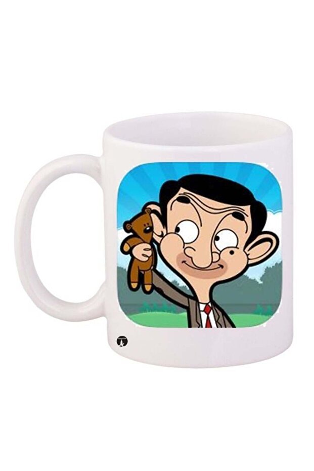 Mr Bean Cartoon Printed Ceramic Coffee Mug White/Blue/Green 11ounce