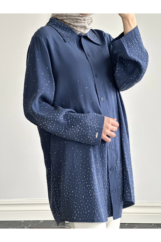 Taş Baskılı Gömlek - İndigo - 1