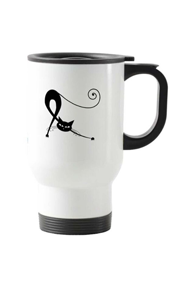Cartoon Cat Printed Travel Mug White 13centimeter