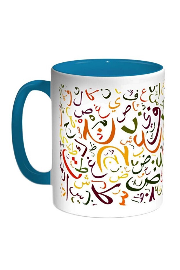 Arabic Letters Printed Coffee Mug Blue/White/Orange 11ounce