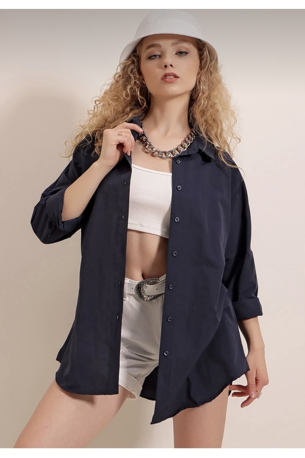 Kadın Oversize Basic Gömlek Lacivert - 1