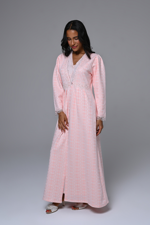 Women's Pink Patterned Lace Full Length Winter Long Sleeve Design Maternity Maternity Dressing Gown Nightgown Set