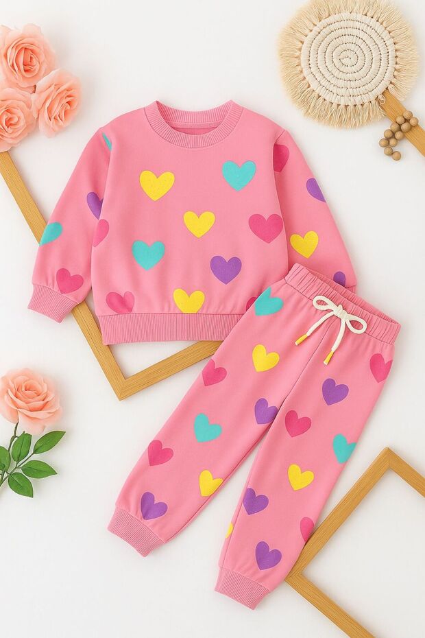 Heart Printed Girls' Tracksuit Set - Age 3/10 - 31507