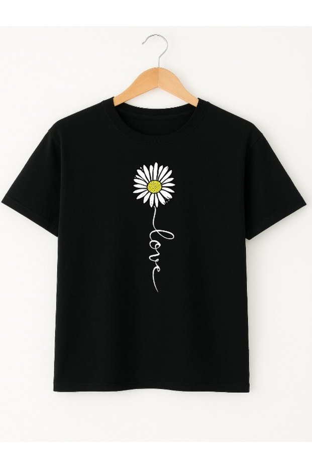 Unisex Oversize Papatya Love Printed Cotton Crew Neck Short Sleeve Black T-Shirt