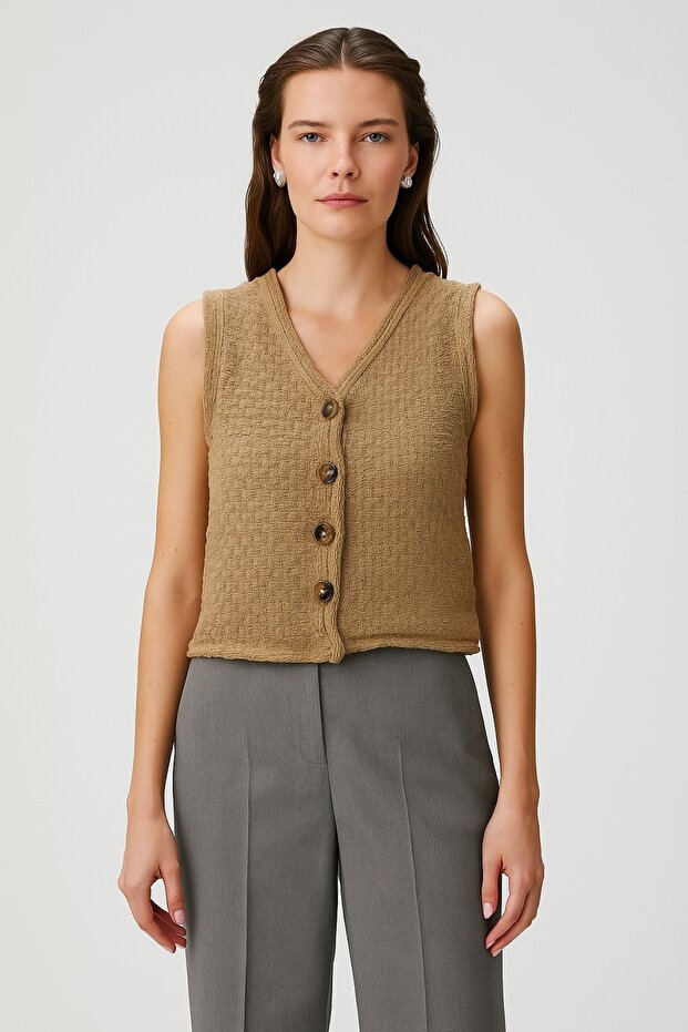 V Yaka Düğmeli YELEK - 1
