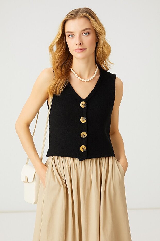 V Yaka Düğmeli YELEK - 2