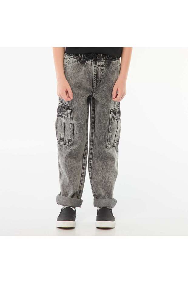 بنطلون مطاطي متعدد الجيوب باللون الرمادي - 4