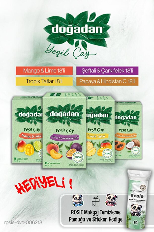 4 Pack Green Tea Family Packets of 18 and Rosie Cotton Gift