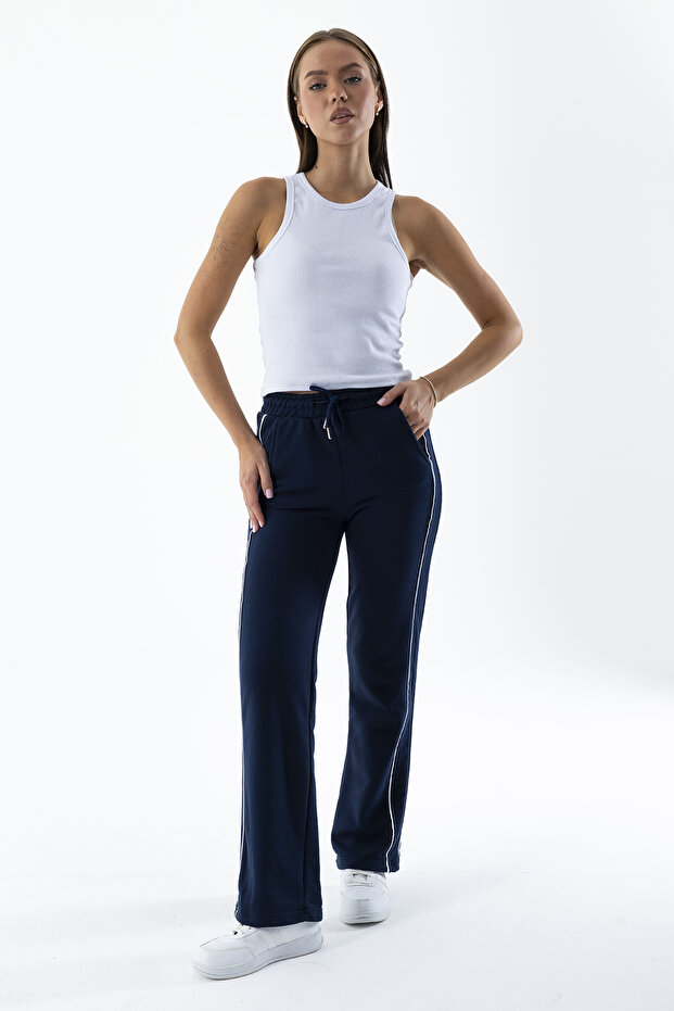 Women's Elastic Waist Double Pocket Wide Leg Sweatpants Navy Blue - Mw0000200