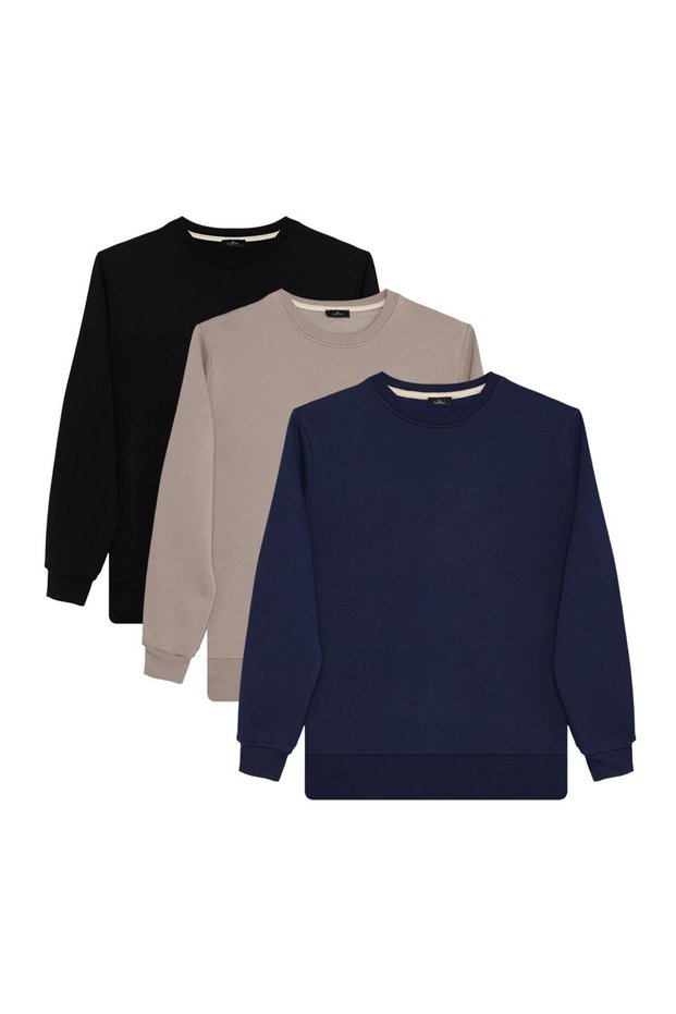 Unisex 3-Pack Black-Gray-Navy Blue Relax Fit Cotton 3-Thread Fleece Crew Neck Sweatshirt