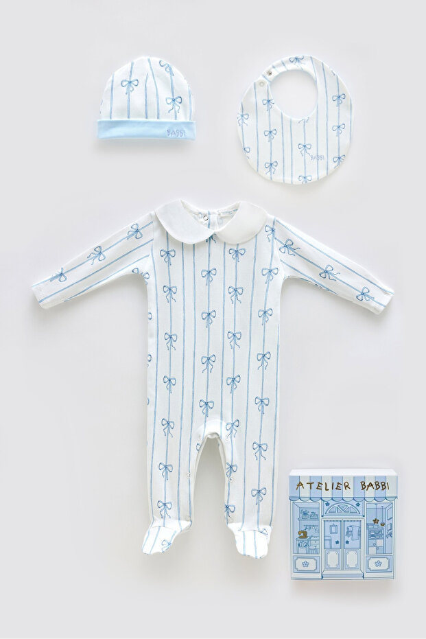 100% Cotton 3-Piece Newborn Set - Ribbon / Blue