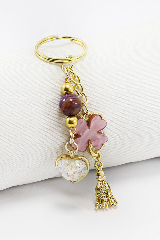 Gold Ringed Pink Clover Shiny Heart Cluster Keychain, Gift Bag Ornament