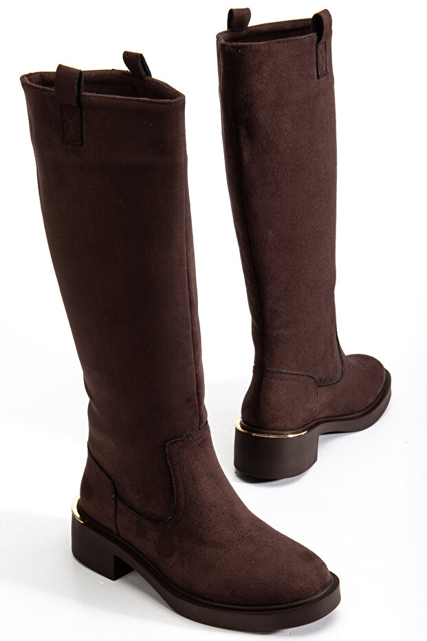 Női barna velúr csizma arany részletekkel a hátán - 1