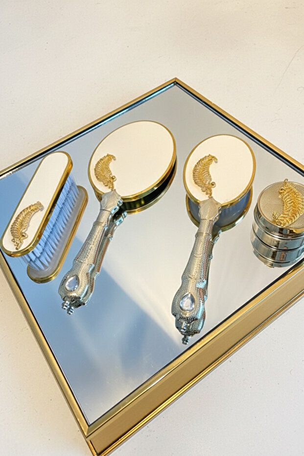 مجموعة مشط مرآة هدية من الزفاف - بنمط أوراق الشجر - 3