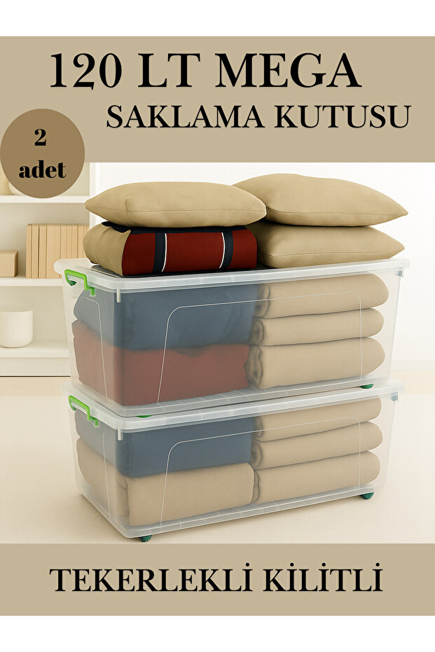 Tekerlekli Kilitli 120 LT Mega Saklama Kutusu Depolama Düzenleyici Şeffaf 2 Adet - 1