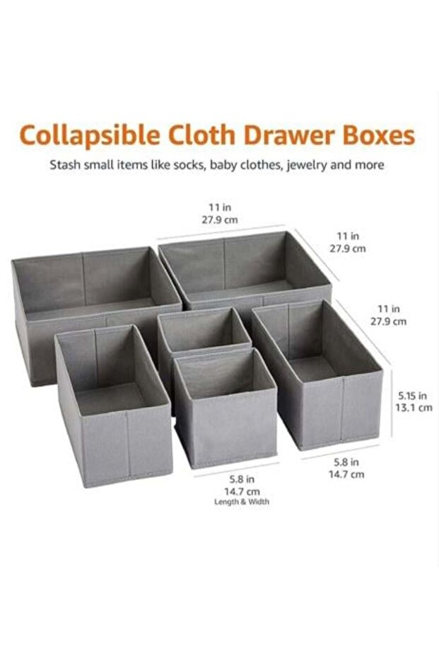 Set of Fabric Storage Boxes for Drawer and Shelf Organization, Gray, 6 Pieces and 3 Sizes - 1