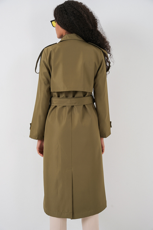 5941 Kruvaze Yaka Uzun Trençkot - Haki - 6