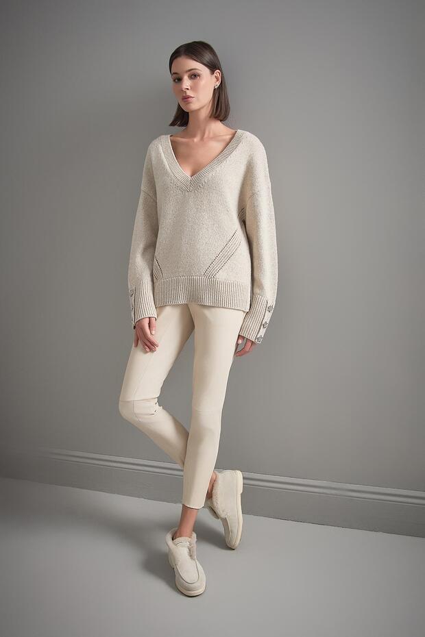 V Yaka Simli Bej Triko Kazak - 3