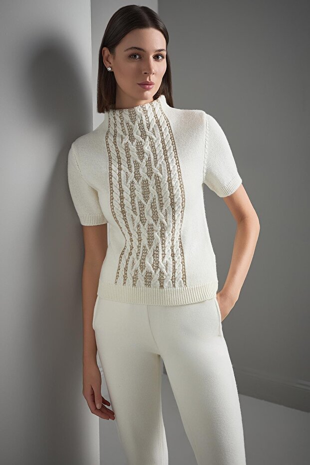 Dik Yaka Simli Ekru Triko Kazak - 1