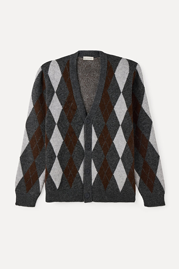 Men's Brown V-Neck Argyle Patterned Cardigan
