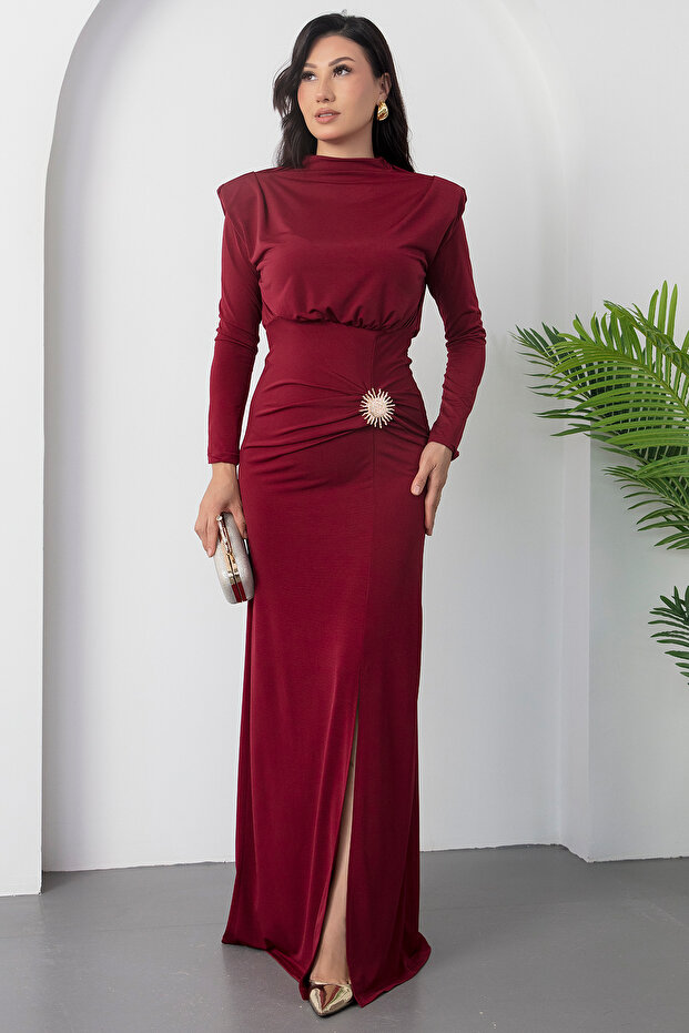 Dik Yaka Omuz Vatkalı Tokalı Elbise 2025-4354 - 1