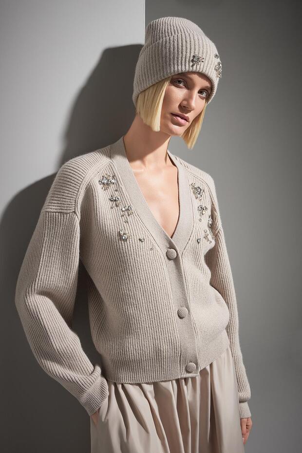 El İşi Taş İşlemeli Bej Triko Bere - 4