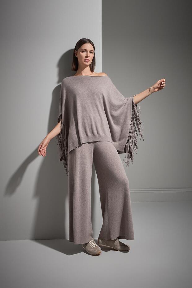 Püsküllü Vizon Triko Panço - 1