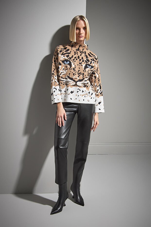 High Neck Lion Patterned Multi Knit Sweater - 2