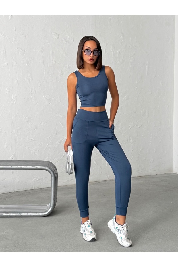 Yüksek Bel Dar Paça Jogger Eşofman Altı İndigo Mavi - 5