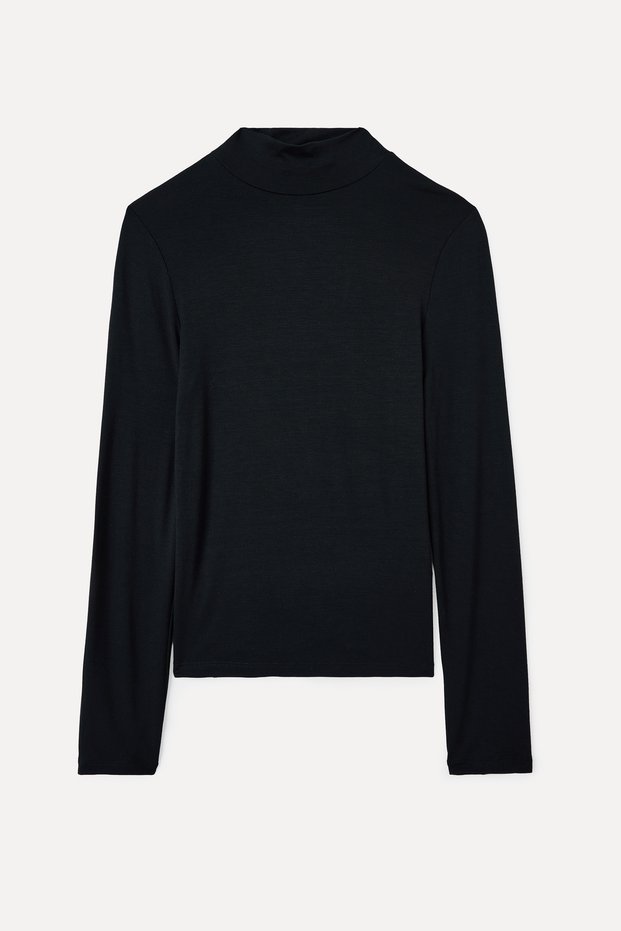 Women's Black Modal Blend High Neck Long Sleeve T-Shirt