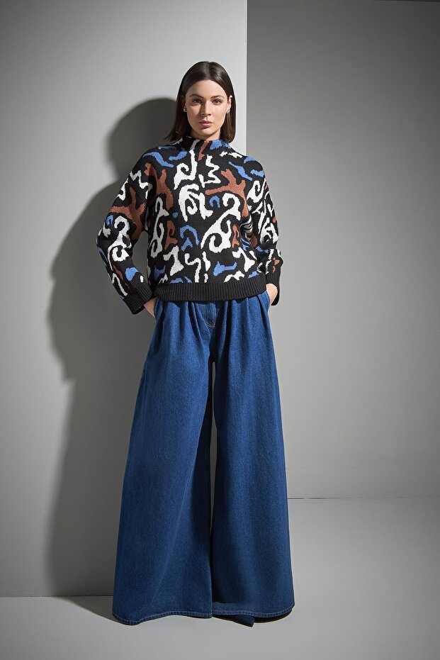 Desenli Dik Yaka Multi Triko Kazak - 3