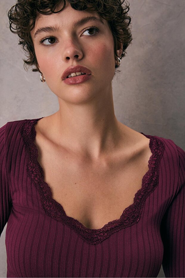 Dantelli dikişsiz tişört - 3