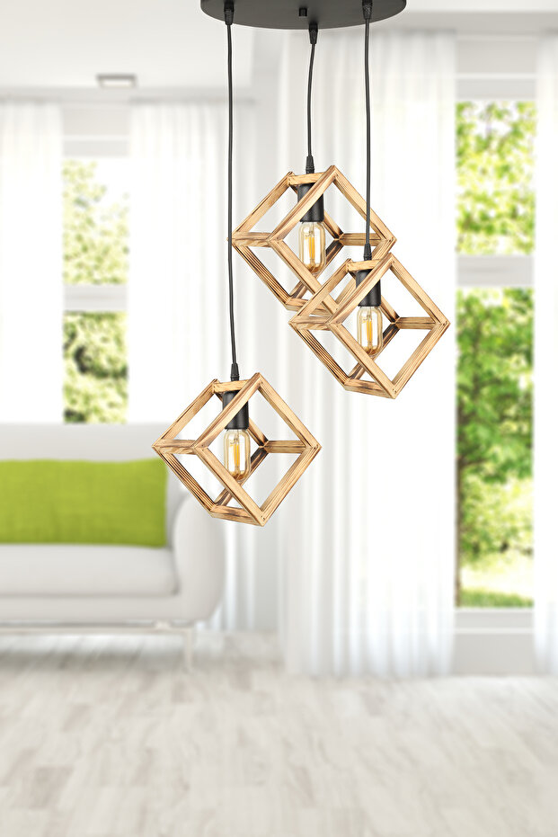 Küp 3.Lü Ahşap Avize - 1