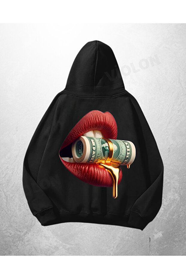 سويت شيرت بقلنسوة كبير الحجم مطبوع عليه Lip Bullet باللون الأسود للجنسين