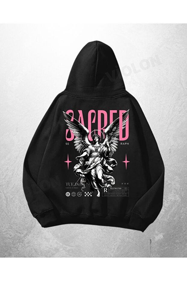 Black Unisex Secred to Printed Oversize Hoodie Sweatshirt