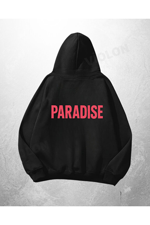 سويت شيرت بقلنسوة كبير الحجم مطبوع عليه Paradise باللون الأسود للجنسين