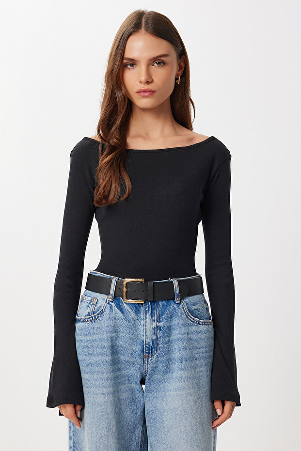 Çan kollu Saran Basic Örme Bluz LEN0040 SİYAH - 4