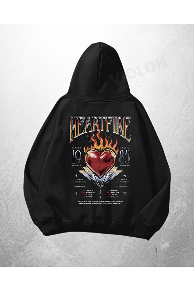 سويت شيرت هوديي كبير الحجم مطبوع عليه Heartfire باللون الأسود للجنسين
