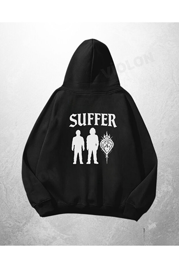 سويت شيرت هوديي كبير الحجم مطبوع عليه Suffer باللون الأسود للجنسين