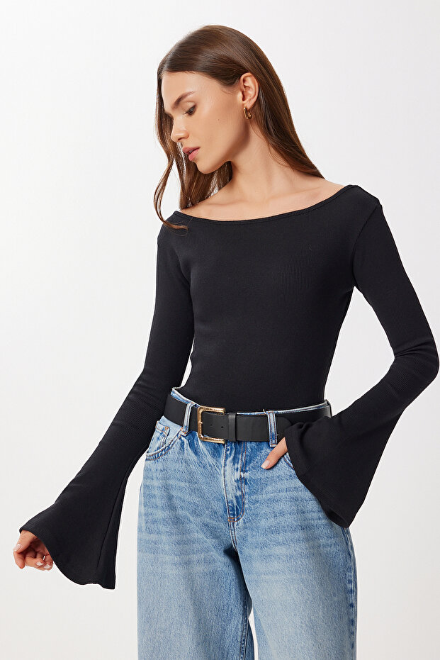 Çan kollu Saran Basic Örme Bluz LEN0040 SİYAH - 1
