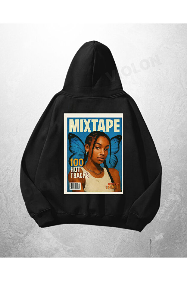 سويت شيرت هوديي كبير الحجم مطبوع عليه Mixtape باللون الأسود للجنسين