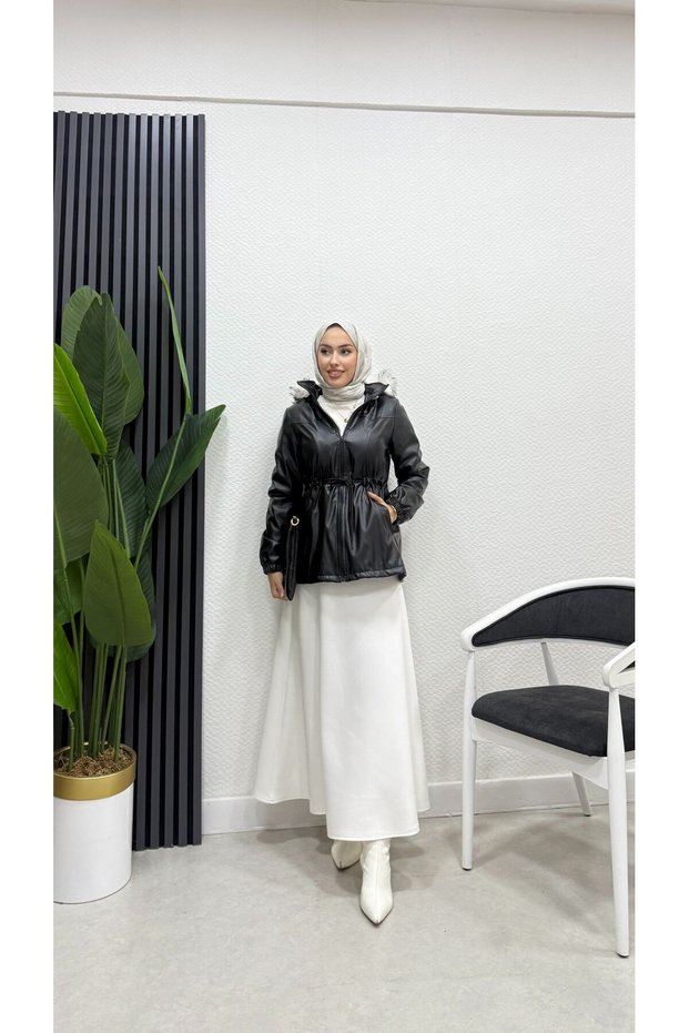 Bel Drawstring Zippered Side Pocket Hooded Hijab Leather Coat 62622