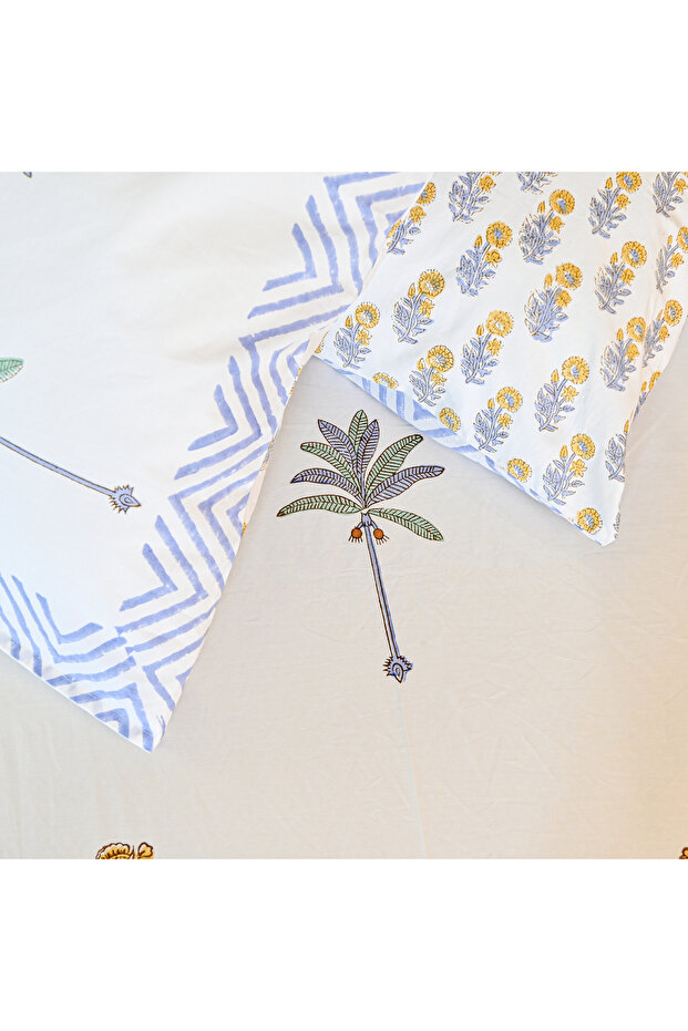 Heritage Block Print 100% Cotton Percale Bedsheet with 2 Pillowcases