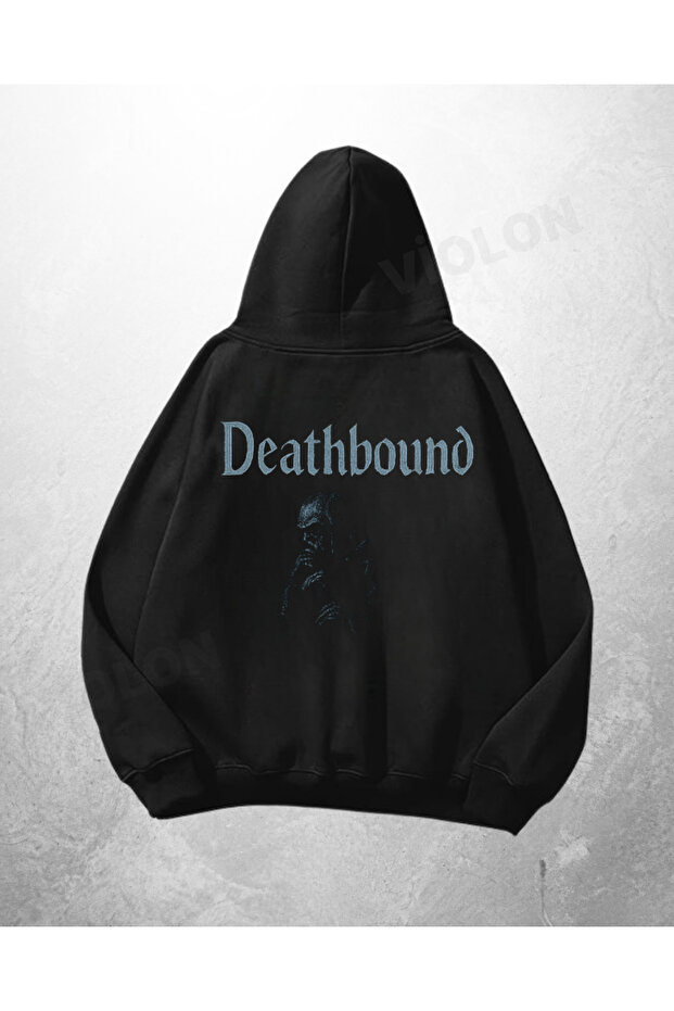 سويت شيرت بقلنسوة كبير الحجم مطبوع عليه Death Bound باللون الأسود للجنسين